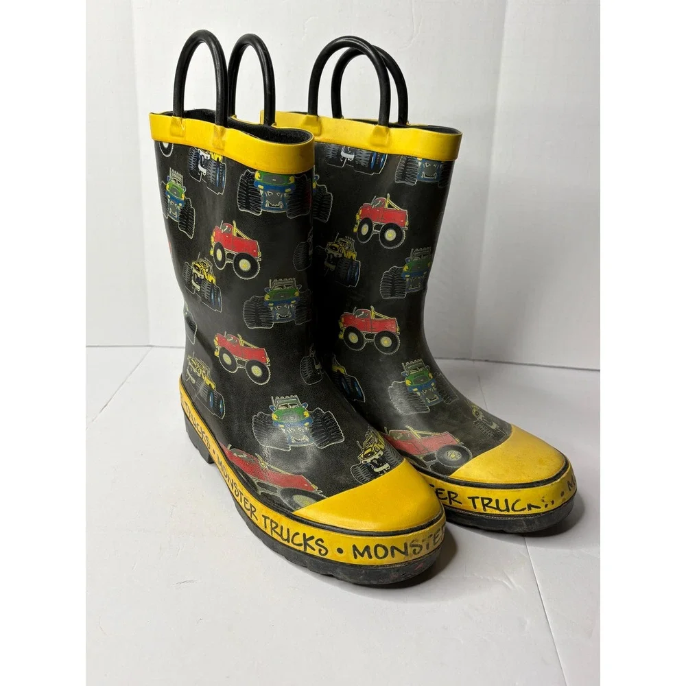 Splashers Kids Monster Trucks Black Yellow Rubber‎ Rain Boots Size 3 Pull On